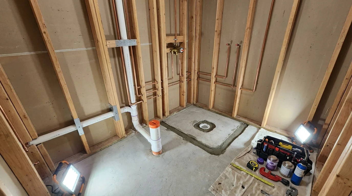 Bathroom rough-in plumbing during remodel by Johns Plumbing LLC in Herrin