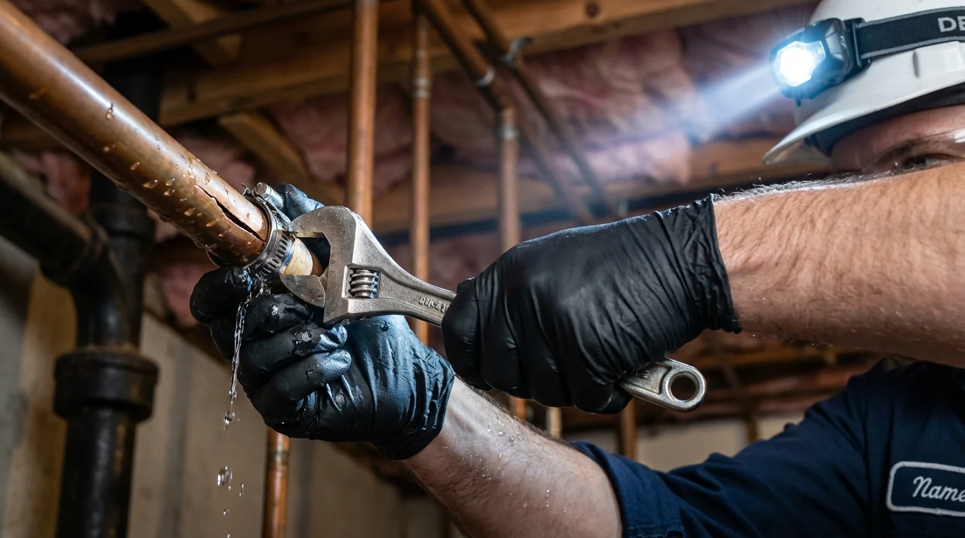 Emergency pipe clamp repair being performed by a Johns Plumbing LLC plumber in Herrin