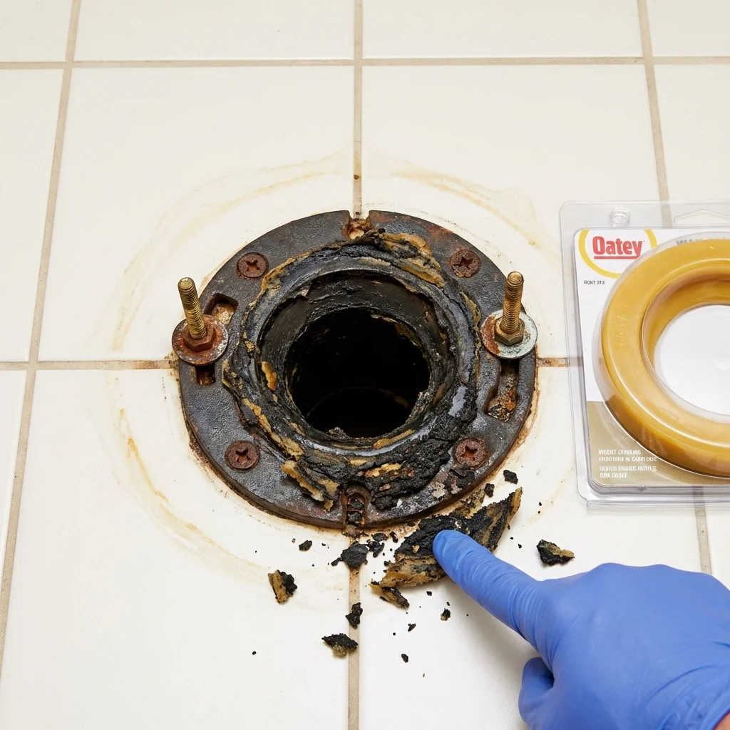 Failed wax ring showing water seepage at the base of a toilet in a Herrin, IL home