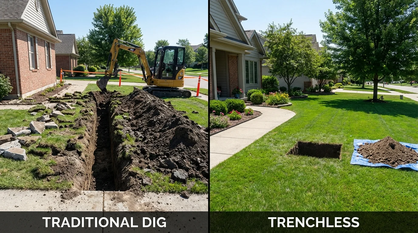 Trenchless sewer repair with minimal yard damage versus traditional excavation in Herrin, IL